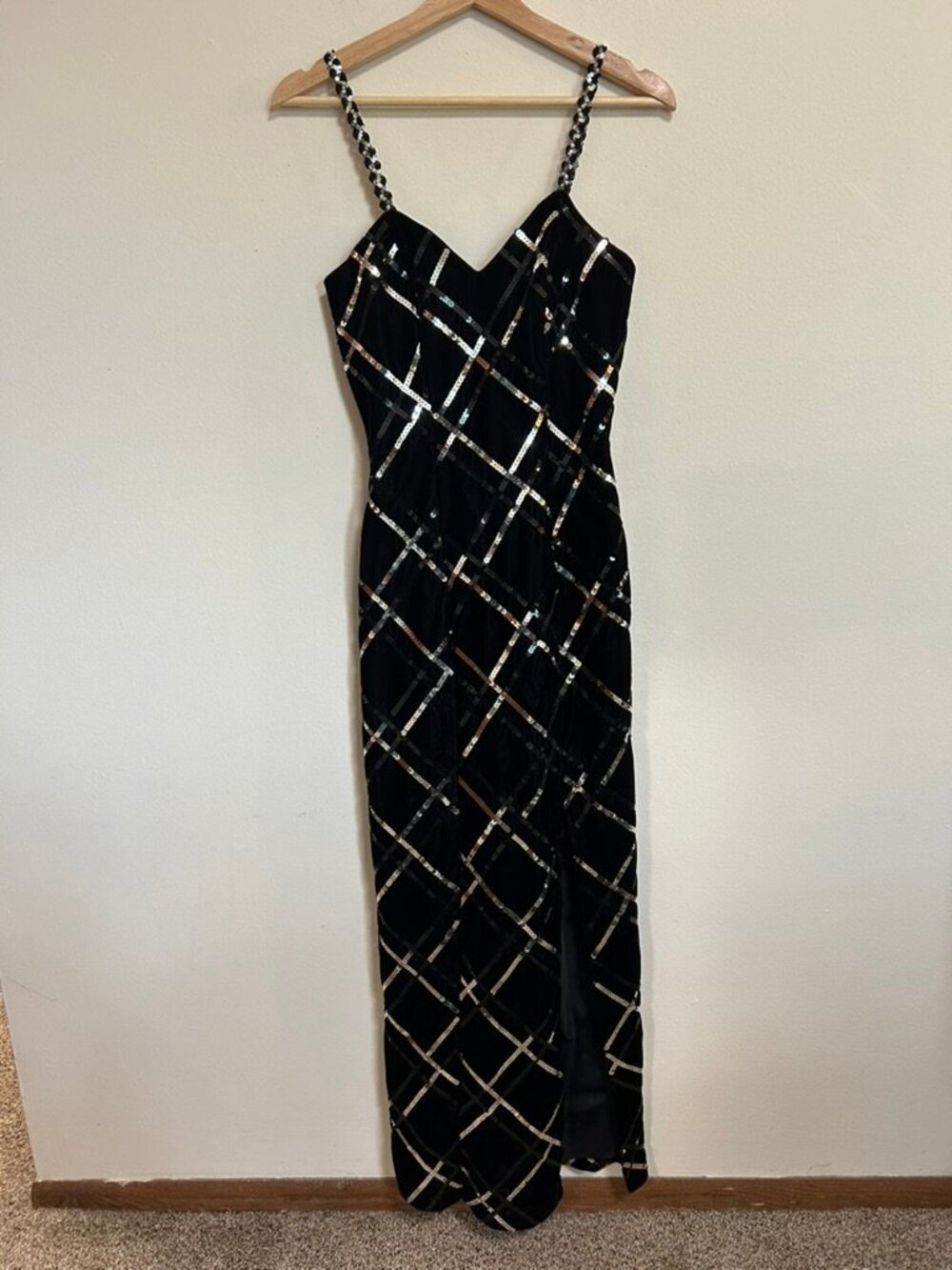 80s VTG Velvet Sequin Maxi Formal Black Dress Approx SZ S EUC Flirtations Column